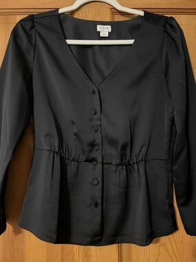 J. Crew Black V-Neck Button-Front Peplum Blouse